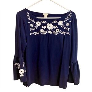 J. Crew Factory Navy Blue White Floral Embroidered Bell Sleeve Blouse Top M